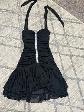 Black Halter Ruffle Cocktail Dress with Center Rhinestone Trim